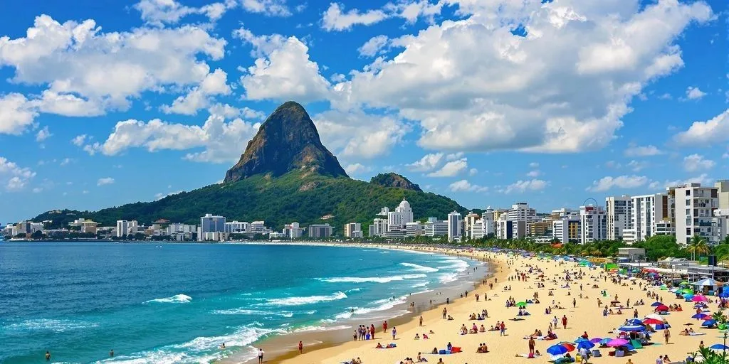 A city beach curving toward a steep rock peak under a blue sky.